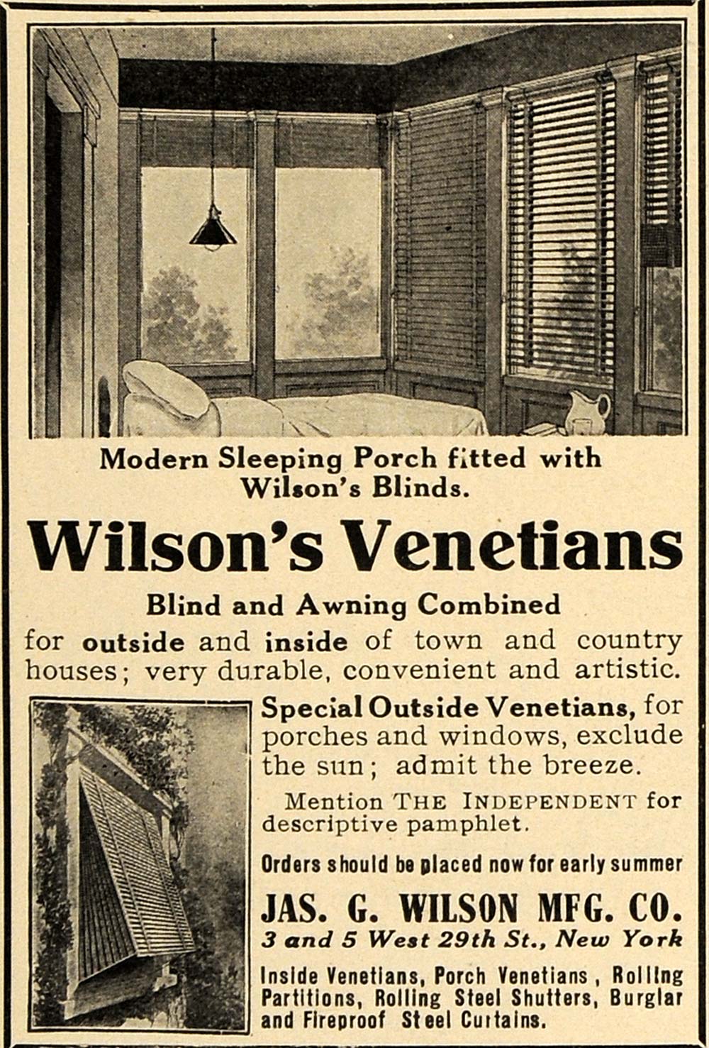 1910 Ad Jason Wilson Mfg. NY Venetian Blinds Window - ORIGINAL ADVERTISING TOM2