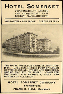 1910 Ad Hotel Somerset Commonwealth Ave. Boston F. Hall - ORIGINAL TOM2