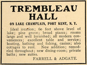 1910 Ad Trembleau Hall Hotel Lake Champlain Port Kent - ORIGINAL TOM2