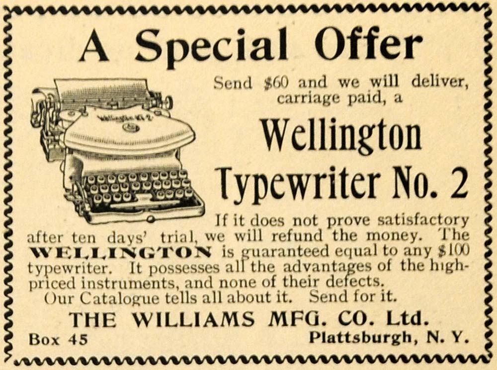 1898 Ad Wellington Typewriter 2 Williams Manufacturing - ORIGINAL TOM3