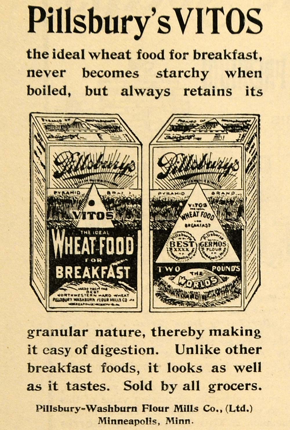 1898 Ad Pillsbury Vitos Washburn Flour Mills Wheat Food - ORIGINAL TOM3