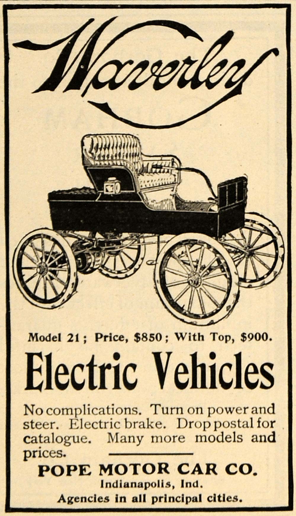 1903 Ad Waverley Model 21 Electric Vehicle Pope Motor - ORIGINAL TOM3