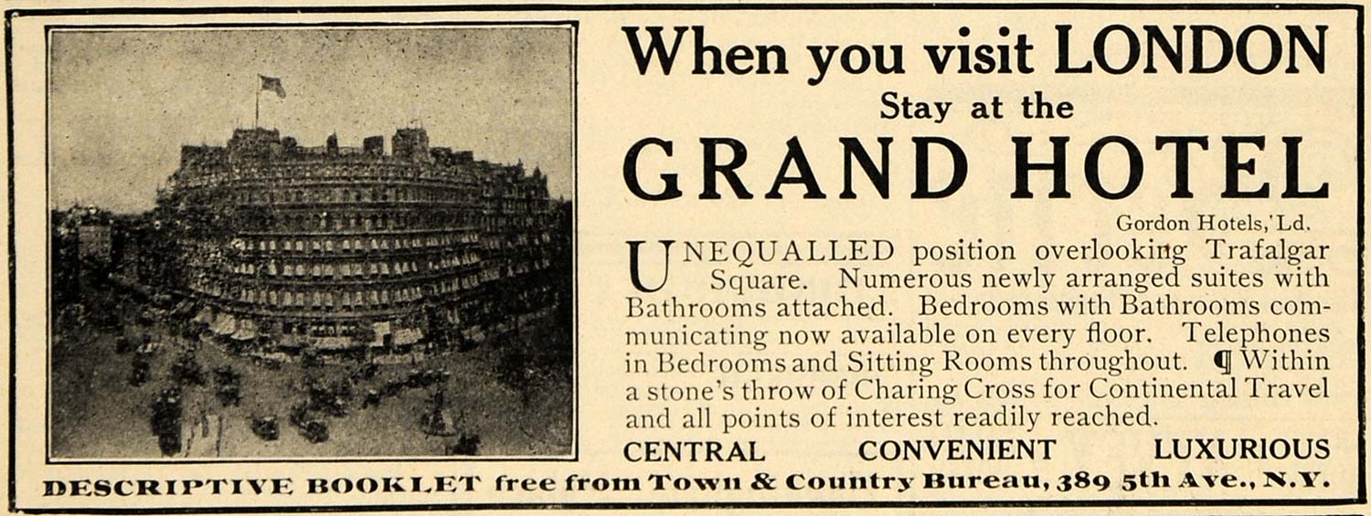 1910 Ad Town & Country Bureau Grand Hotel London Travel - ORIGINAL TOM3