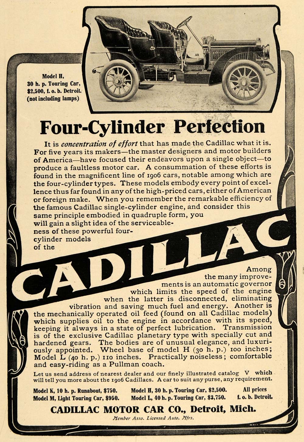 1906 Ad Cadillac Motor Car Four Cylinder Touring Model - ORIGINAL TOM3