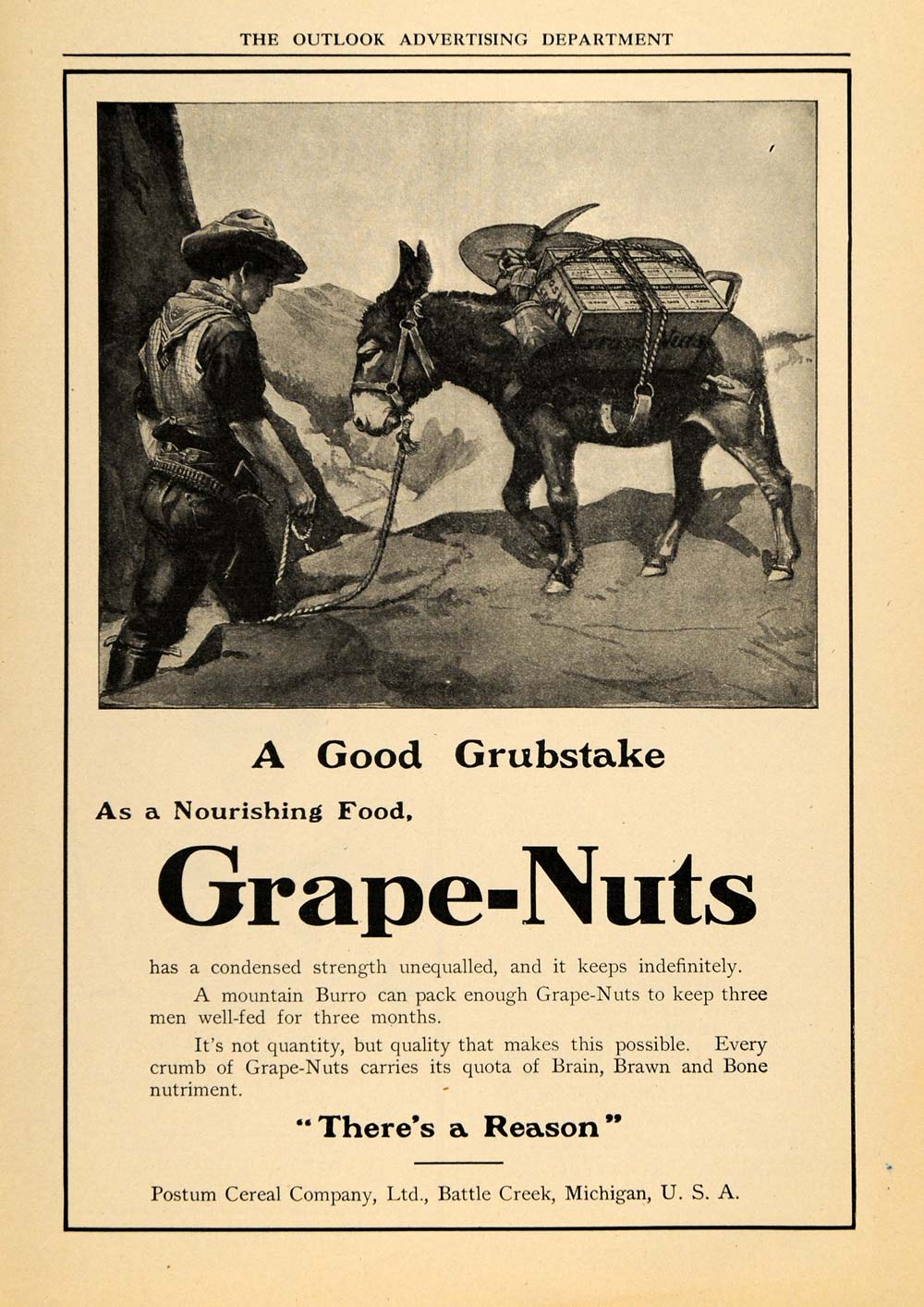 1910 Ad Grape Nuts Grubstake Burro Brain Brawn Bone Art - ORIGINAL TOM3
