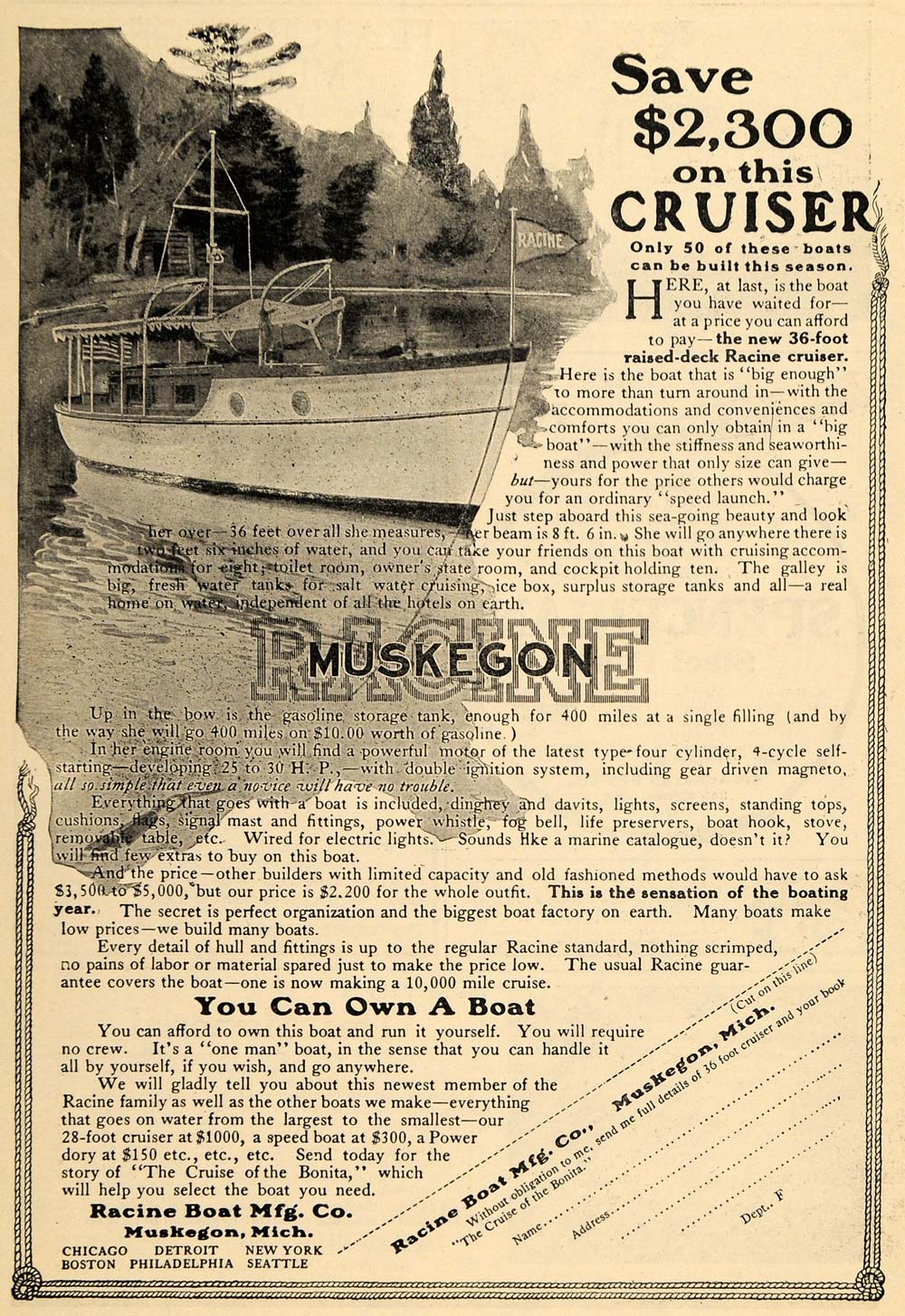 1910 Ad Muskegon Racine Cruiser Boating Raised Deck Art - ORIGINAL TOM3