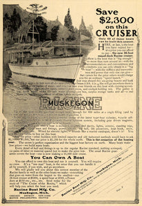 1910 Ad Muskegon Racine Cruiser Boating Raised Deck Art - ORIGINAL TOM3