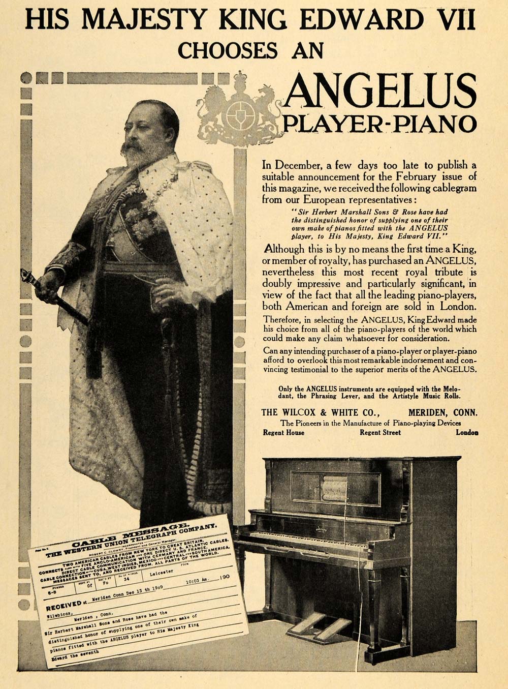1910 Ad Angelus Player Piano King Edward VII Instrument - ORIGINAL TOM3