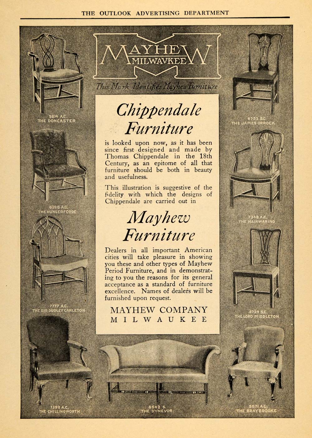 1910 Ad Mayhew Chippendale Furniture Doncaster Dynevor - ORIGINAL TOM3