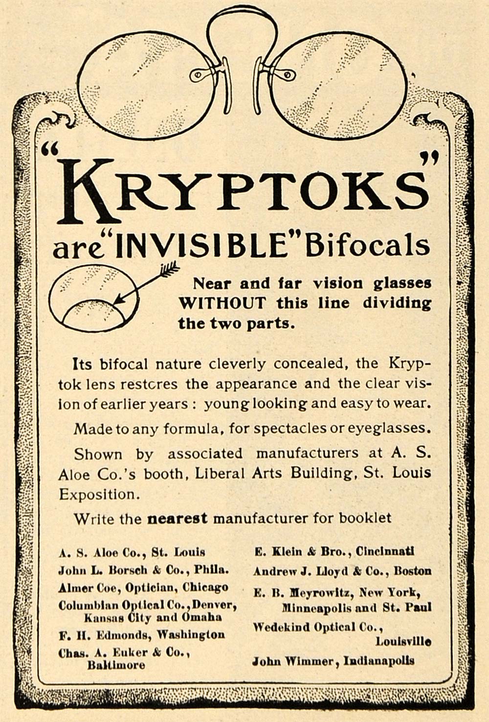 1904 Ad A S Aloe Co. Kryptoks Invisible Bifocal Glasses - ORIGINAL TOM3