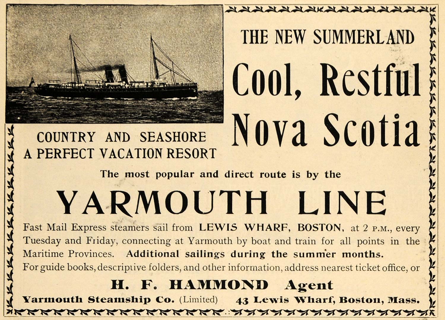 1900 Ad Yarmouth Steamship Co. Line Ship Voyage Boston - ORIGINAL TOM3