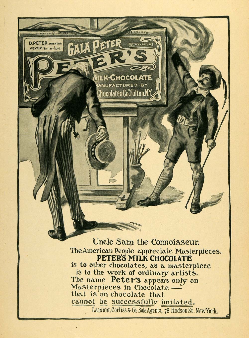 1910 Ad Lamont Corliss Peter Milk Chocolate Uncle Sam - ORIGINAL TOM3