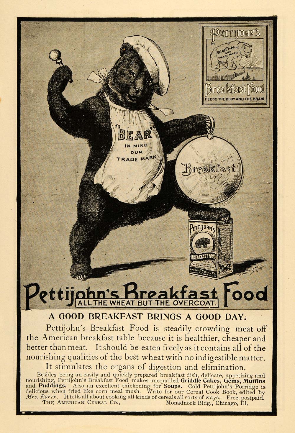 1900 Ad American Cereal Pettijohn Breakfast Food Bear - ORIGINAL TOM3