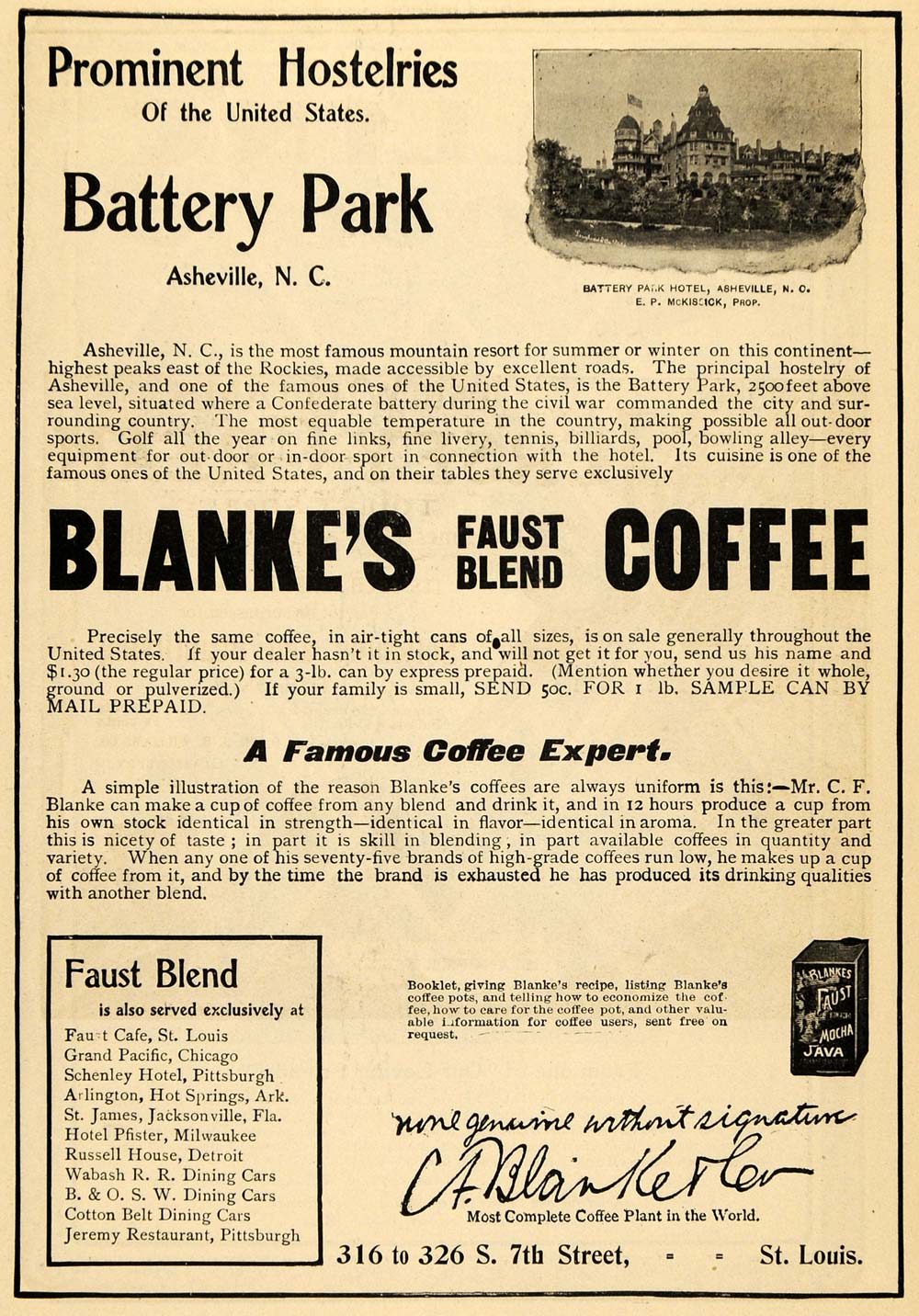 1900 Ad C F Blanke & Co Coffee Drink Battery Park Hotel - ORIGINAL TOM3