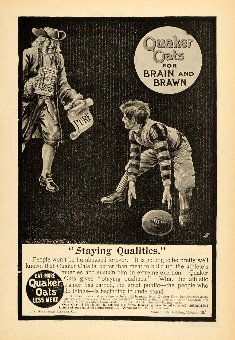 1900 Ad Quaker Oats Brain Meat Boy Athlete Football - ORIGINAL ADVERTISING TOM3