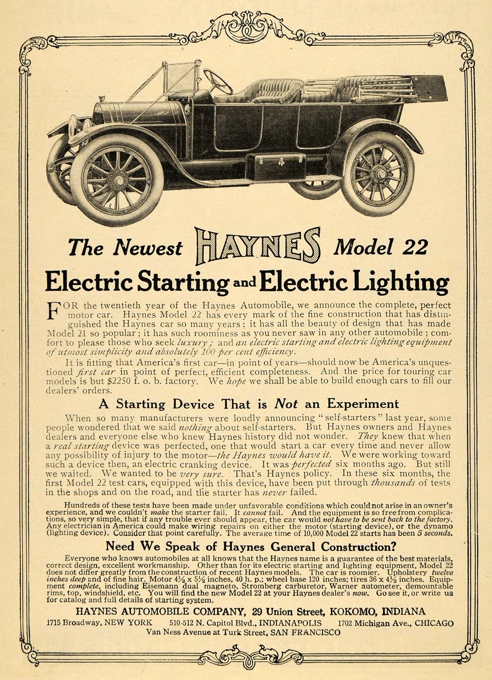 1912 Ad Haynes Automobile Electric Model 22 Kokomo Car - ORIGINAL TOM3