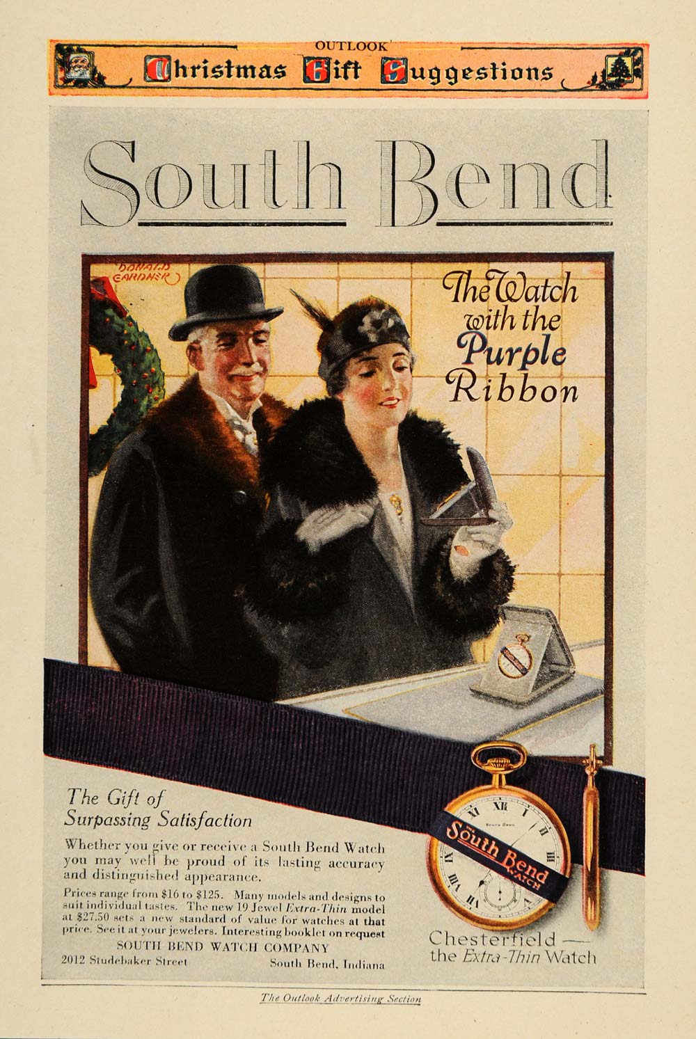 1916 Ad South Bend Watch Chesterfield Purple Ribbon Art - ORIGINAL TOM3