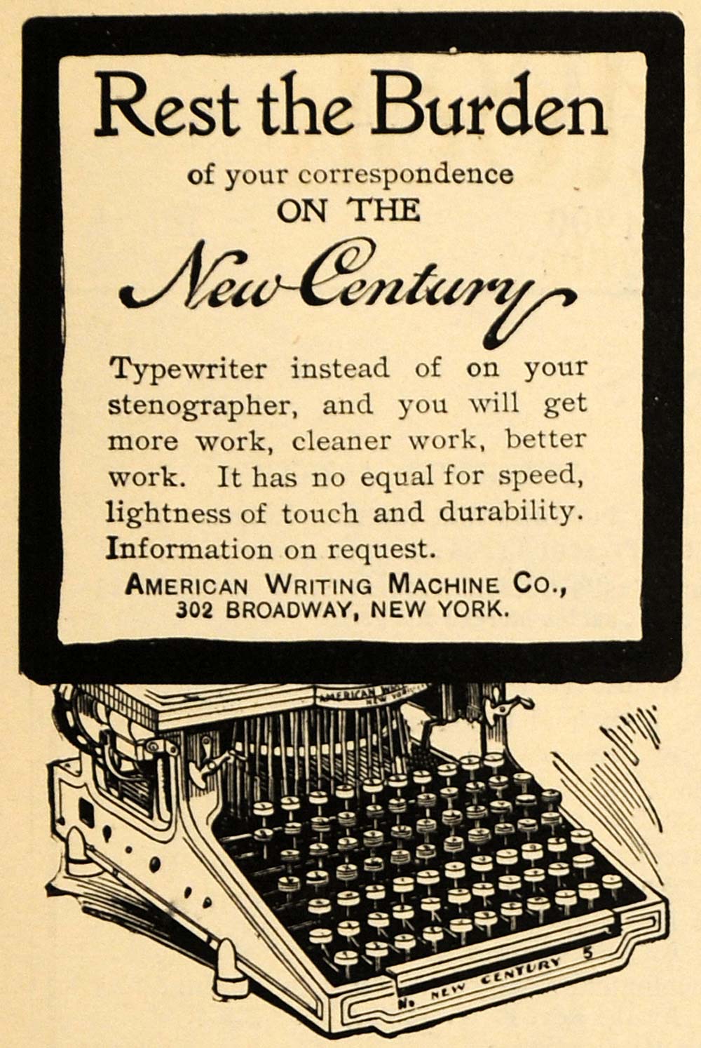 1900 Ad American Writing Machine Century Typewriter Business Supplies TOM3