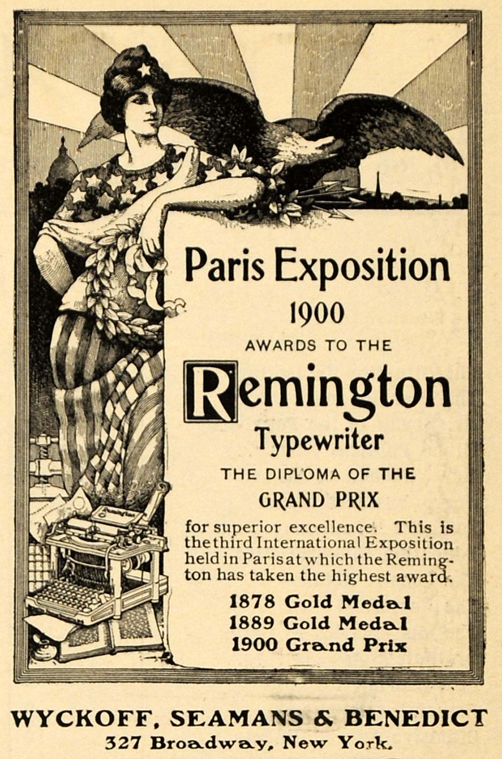 1900 Ad Wyckoff Seamans Remington Typewriter US Eagle - ORIGINAL TOM3