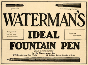 1902 Ad L E Waterman Co. Ideal Fountain Pen New York - ORIGINAL ADVERTISING TOM3