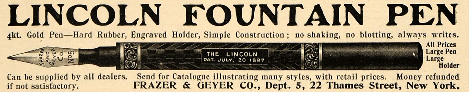 1902 Ad Frazer & Geyer Co. Lincoln Fountain Pen NY - ORIGINAL ADVERTISING TOM3