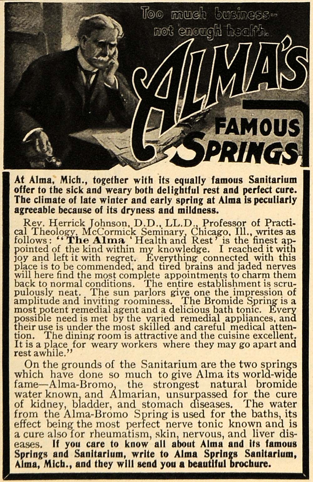 1902 Ad Alma Springs Sanitarium Health Resort Michigan - ORIGINAL TOM3