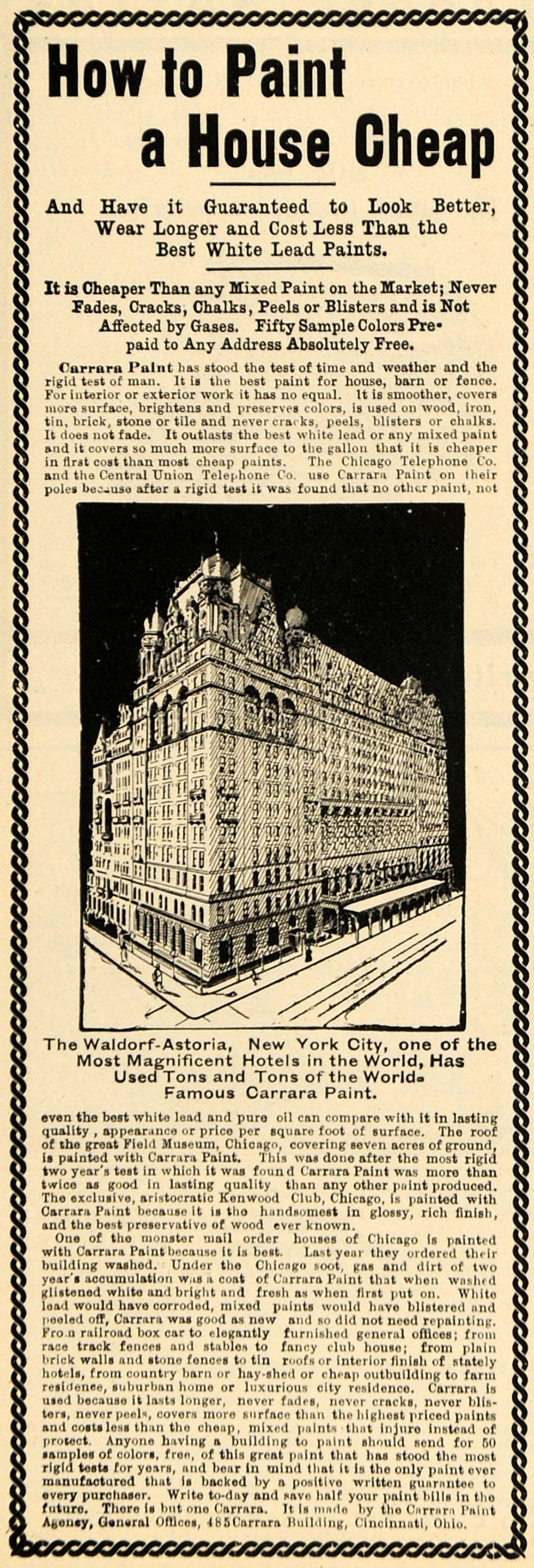 1902 Ad Carrara Paint Agency Waldorf-Astoria New York - ORIGINAL TOM3