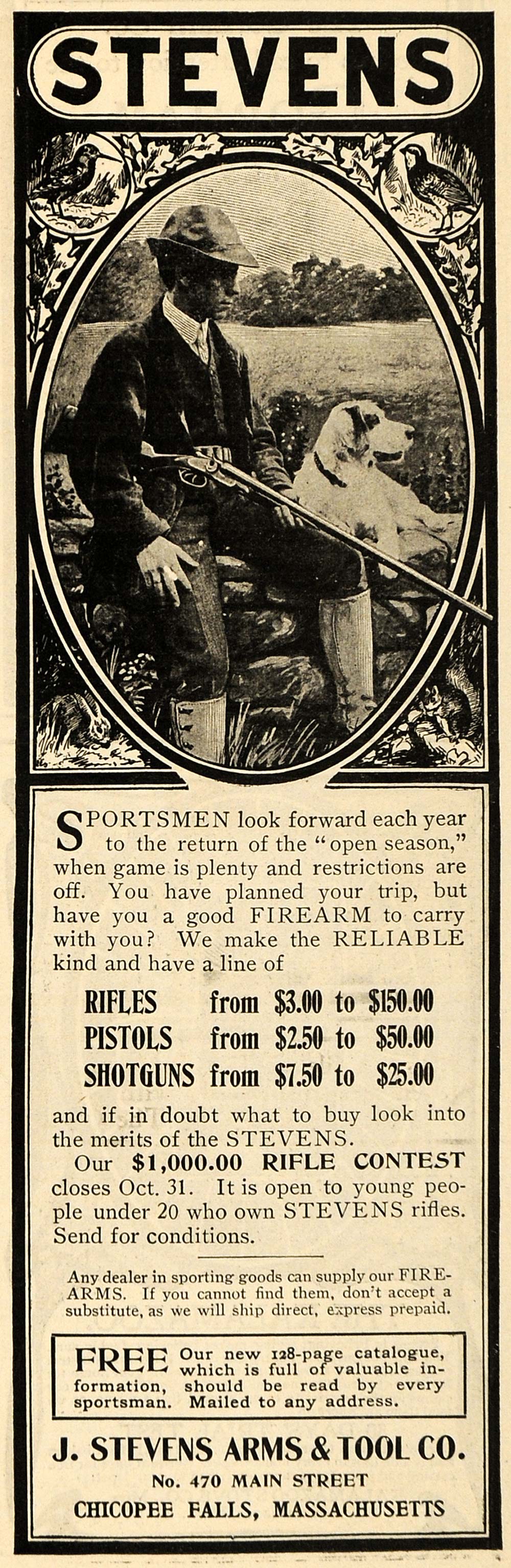 1902 Ad J Stevens Arms & Tool Rifles Pistol Hunting Dog - ORIGINAL TOM3