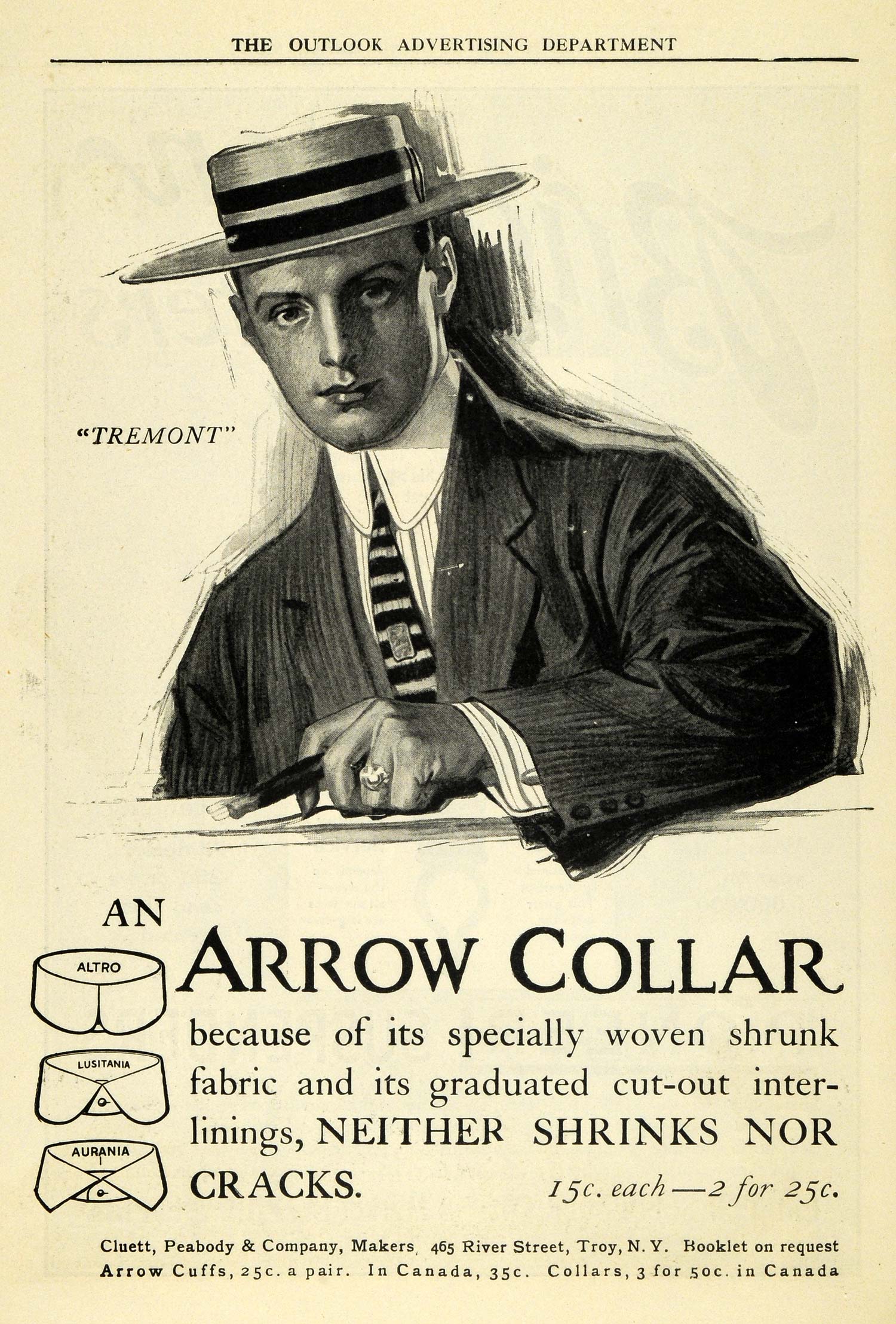 1909 Ad Cluett Peabody Arrow Collar Tremont Model Shirt Clothing TOM3