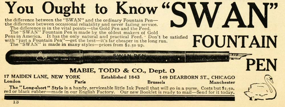 1909 Ad Mabie Todd Swan Fountain Pen Writing Utensil Instrument Long Short TOM3