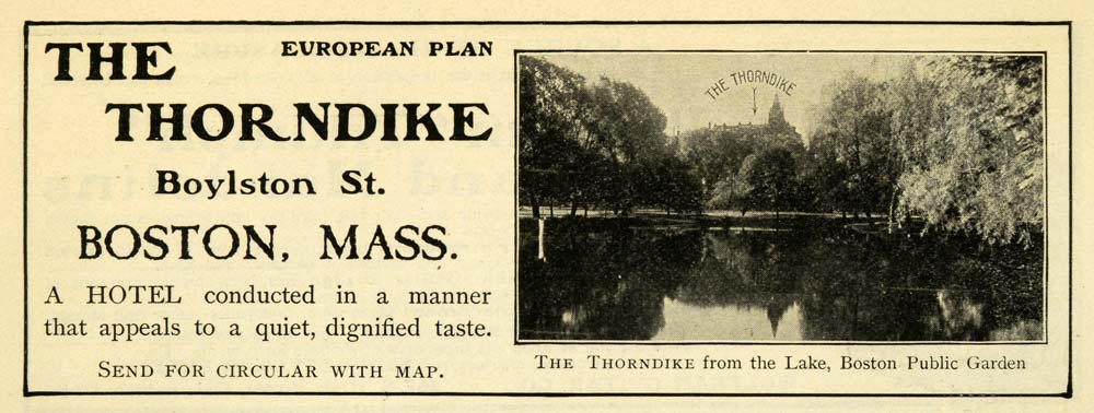 1901 Ad Thorndike Hotel Lodging Boylston Street Boston Public Garden Lake TOM3