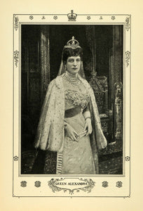 1902 Print Denmark Queen Alexandra Portrait Royalty Crown Cape Fashion TOM3