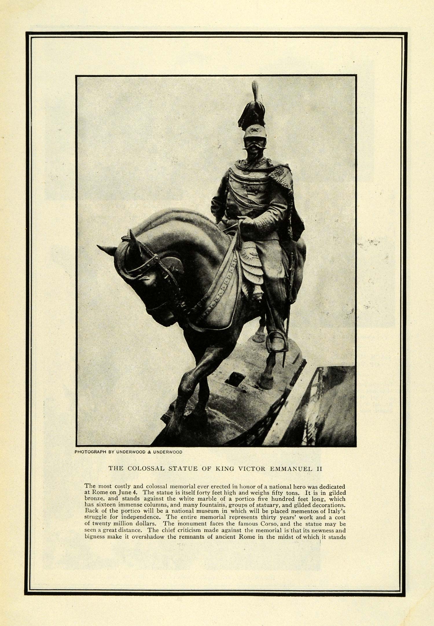 1911 Print Giant Bronze Monument Equestrian Statue King Victor Emmanuel II TOM3