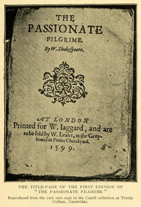 1900 Print Passionate Pilgrim First Edition Title Page Poem William TOM3