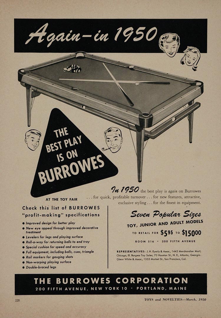 1950 Ad Burrowes Pool Table Billiards Portland Maine - ORIGINAL TOYS4