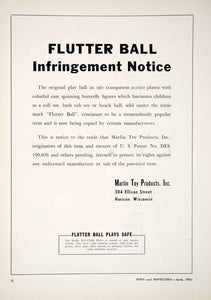 1961 Ad Flutter Ball Infrigement Notice Marlin Toy Products 304 Ellison TOYS5