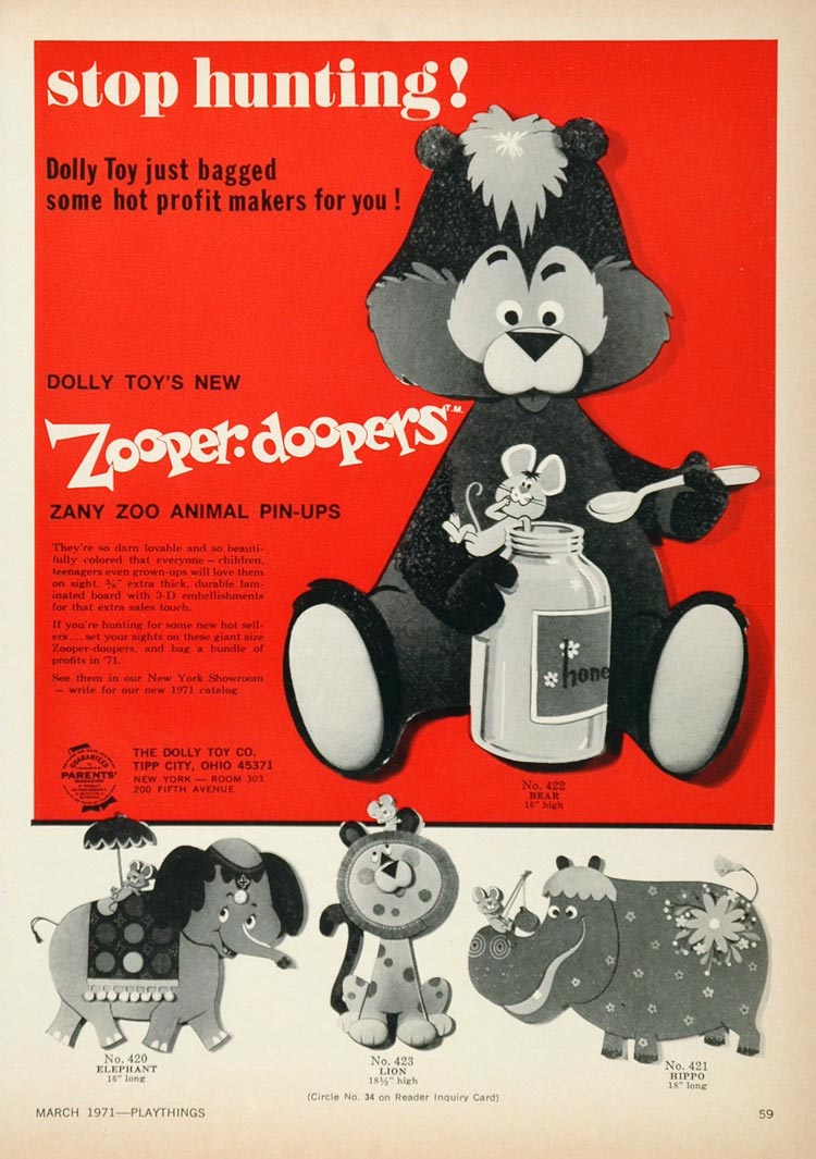 1971 Ad Dolly Toy Zooper-doopers Elephant Lion Hippo - ORIGINAL TOYS71