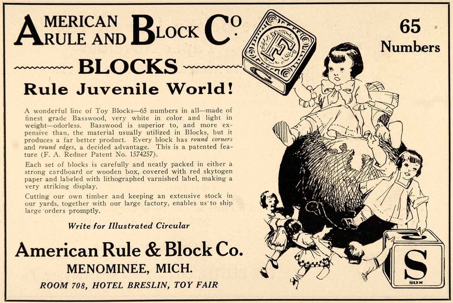 1926 Ad American Rule Block Toy Menominee Hotel Breslin Wooden Varnish TOYS7