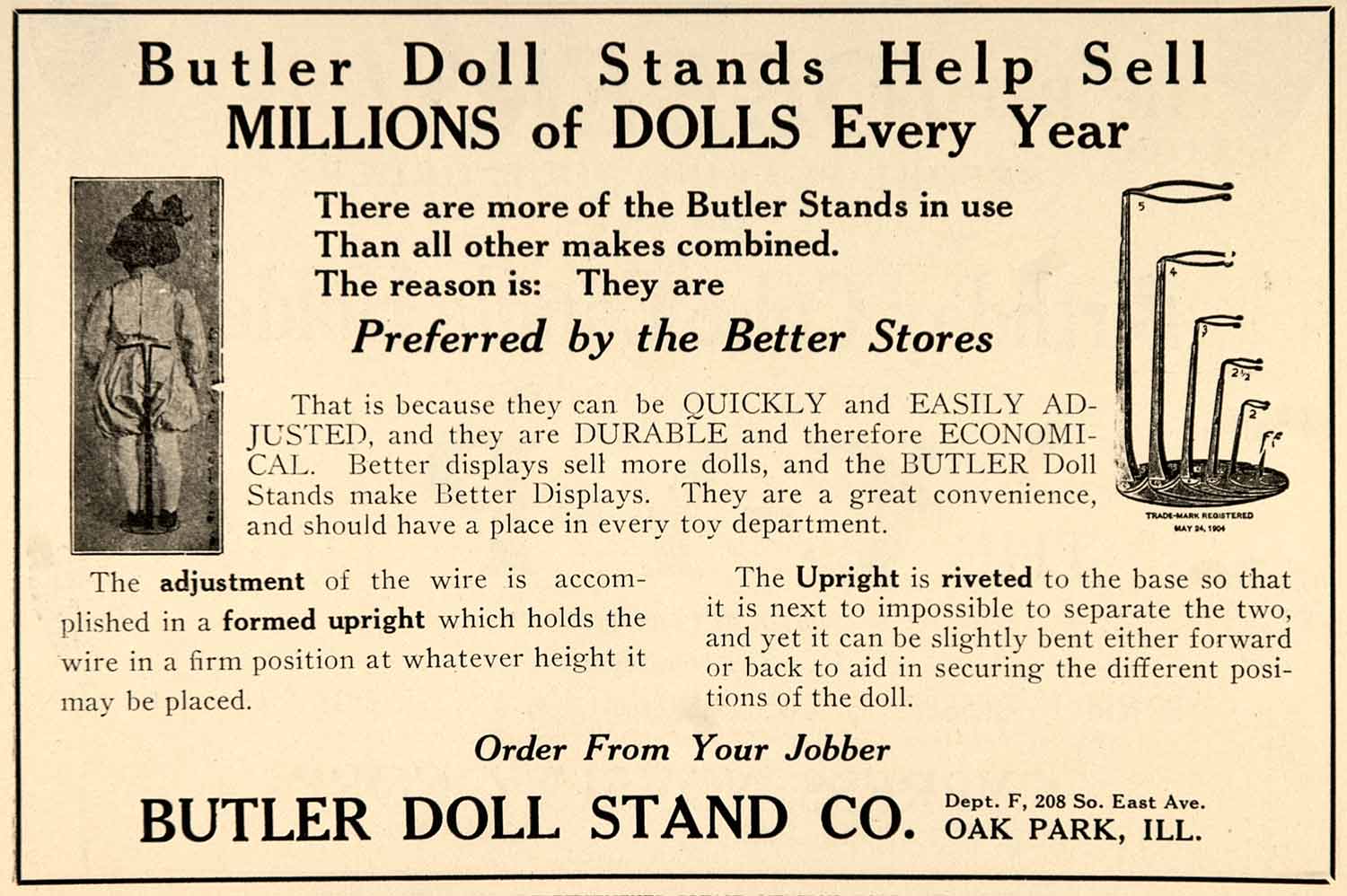 1926 Ad Butler Doll Stand 208 East Avenue Oak Park Illinois Upright Wire TOYS7