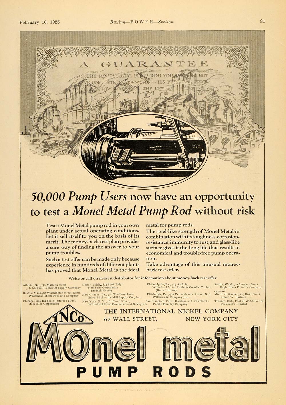 1925 Ad Monel Metal Pump Rod International Nickel NY - ORIGINAL ADVERTISING TPM1