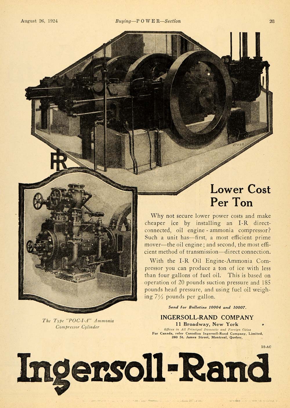 1924 Ad Ingersoll Rand POC-I-A Ammonia Compressor Oil - ORIGINAL TPM1