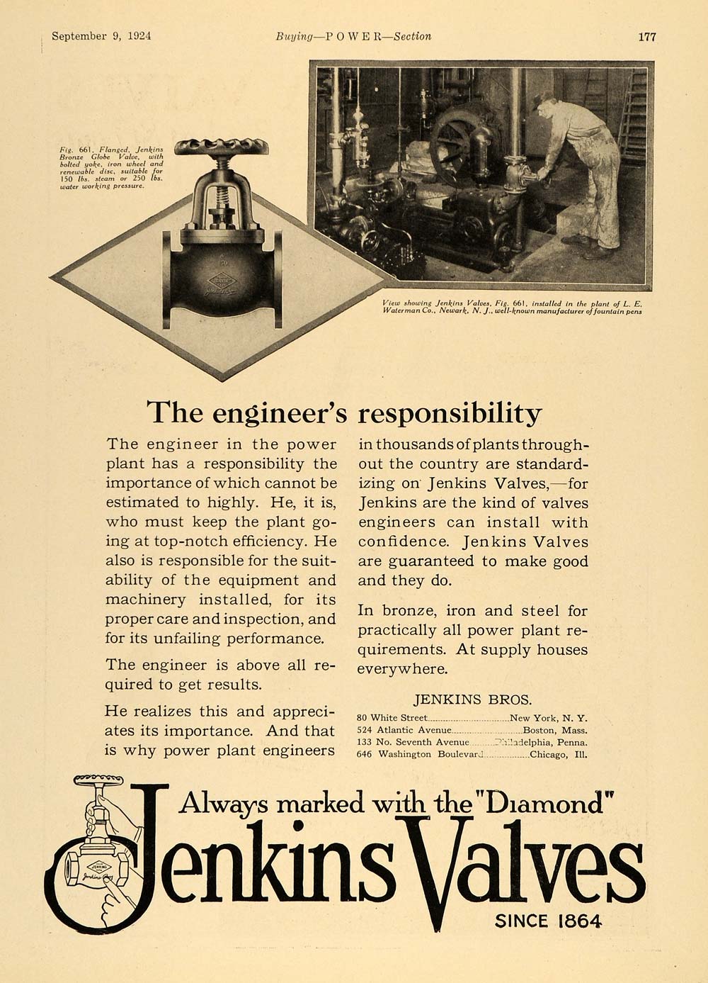 1924 Ad Jenkins Valves Flanged Power Plant Iron Diamond ORIGINAL TPM