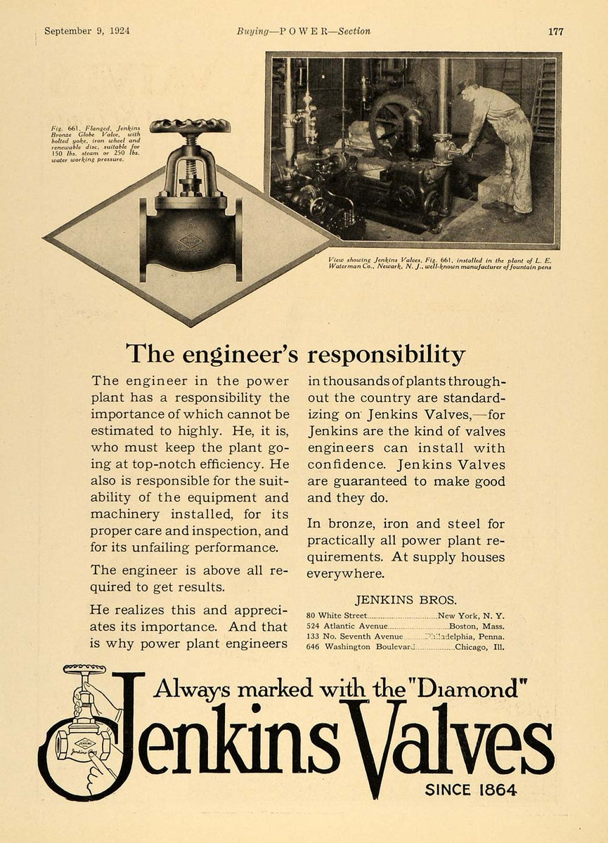 1924 Ad Jenkins Valves Flanged Power Plant Iron Diamond ORIGINAL TPM