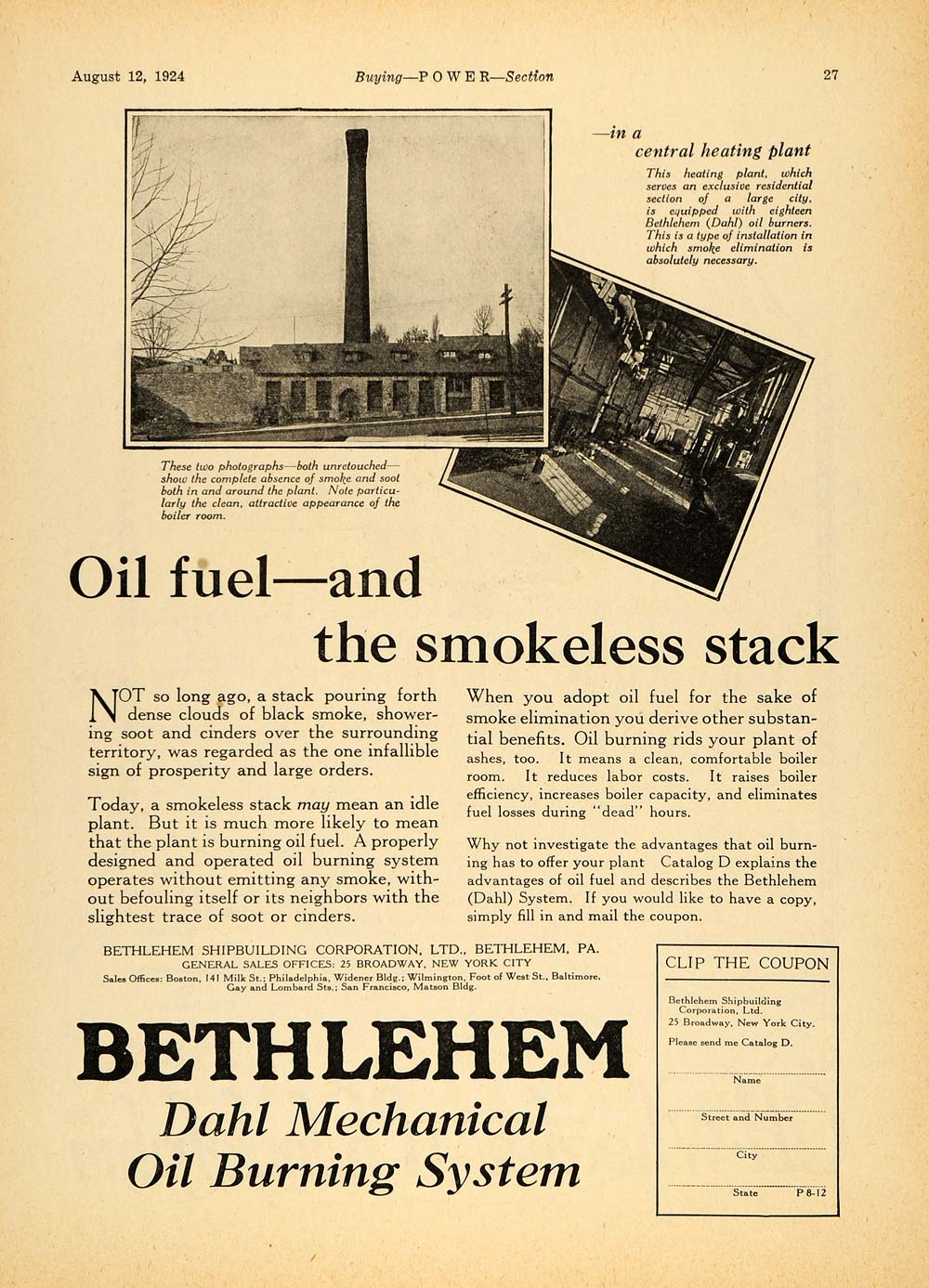 1924 Ad Bethlehem Shipbuilding Dahl Oil Burning System - ORIGINAL TPM1