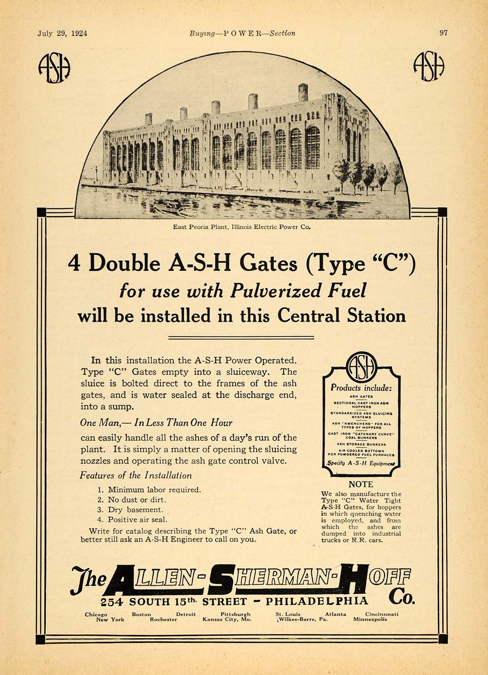1924 Ad Allen Sherman Hoff Ash Gates Type C E Peoria - ORIGINAL ADVERTISING TPM1