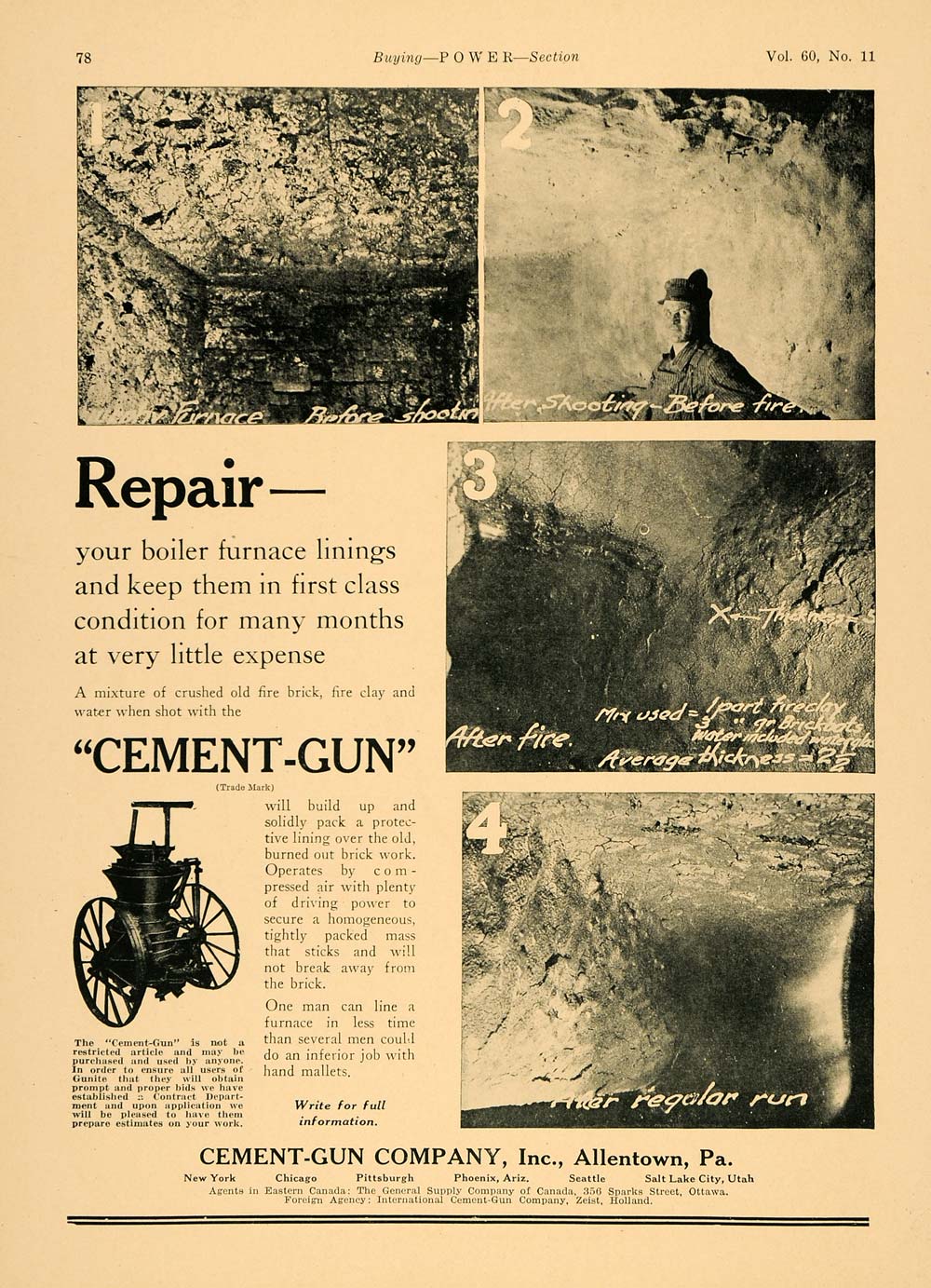1924 Ad Cement Gun Boiler Furnace Linings Allentown PA - ORIGINAL TPM1