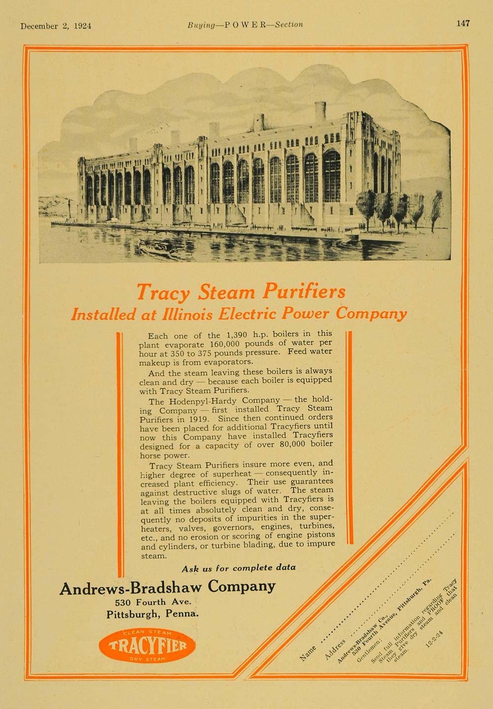 1924 Ad Andrews-Bradshaw Tracy Steam Purifier IL Power - ORIGINAL TPM1