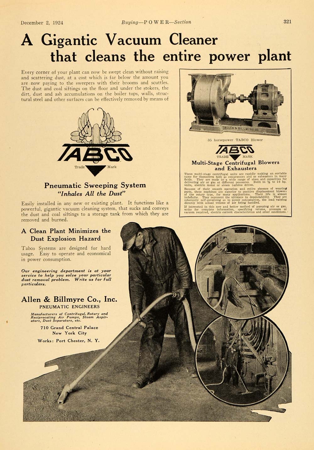 1924 Ad Allen Billmyre Tabco Pneumatic Sweeping System - ORIGINAL TPM1