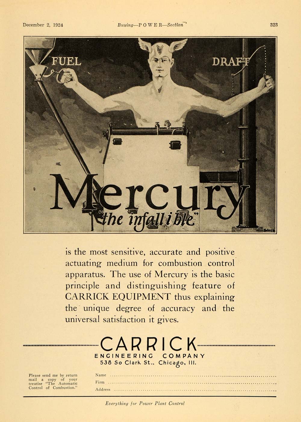 1924 Ad Carrick Equipment Mercury Fuel Draft White Art - ORIGINAL TPM1