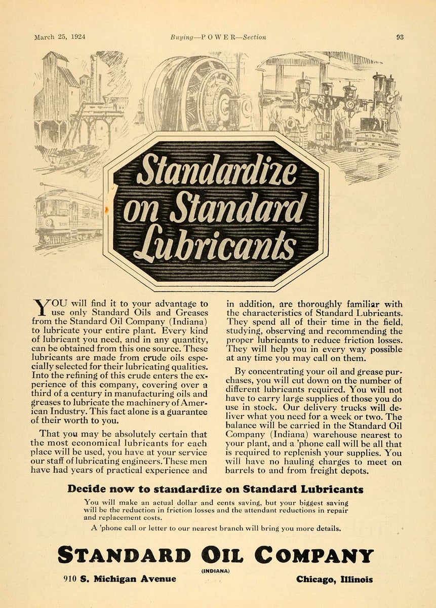 1924 Ad Standard Oil Lubricants Grease Indiana Machines ORIGINAL TPM